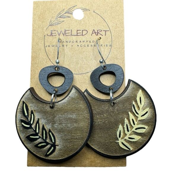 Jewelry - JEWELED ART Boho Dangle Leaf Handmade Painted Wood Earrings